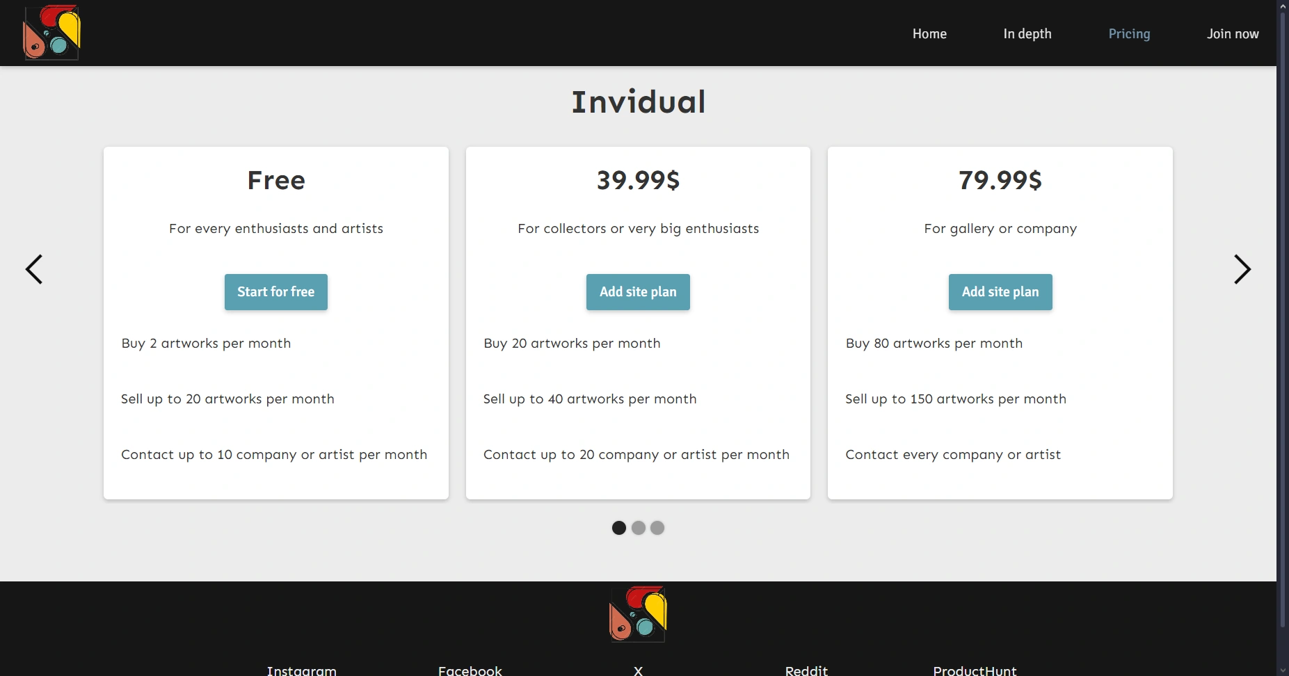 Pricing page Art Company